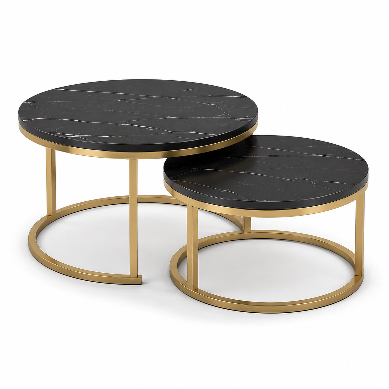 Set 2 Masute Rotunde de Cafea, Efect Marmura, Blat MDF, Cadru Metalic Auriu, 70x45 cm si 50x38 cm