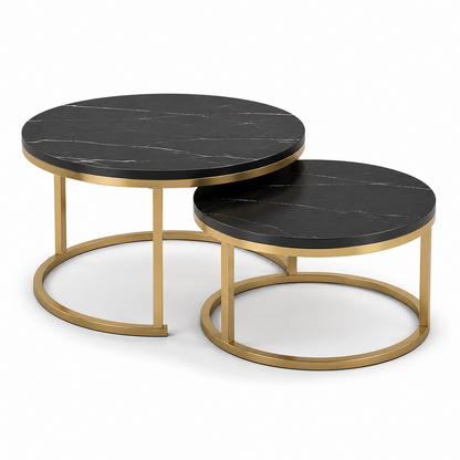 Set 2 Masute Rotunde de Cafea, Efect Marmura, Blat MDF, Cadru Metalic Auriu, 70x45 cm si 50x38 cm