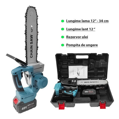 Drujbă electrică cu lanț 1200W – lamă 12”, 2 acumulatori 48V, 4200 RPM, ungere automată