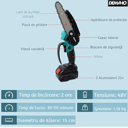 Drujbă fierăstrău portabil 48V – lamă 6”/15cm, 2 acumulatori, 2 lanțuri, cutie transport, Black Friday