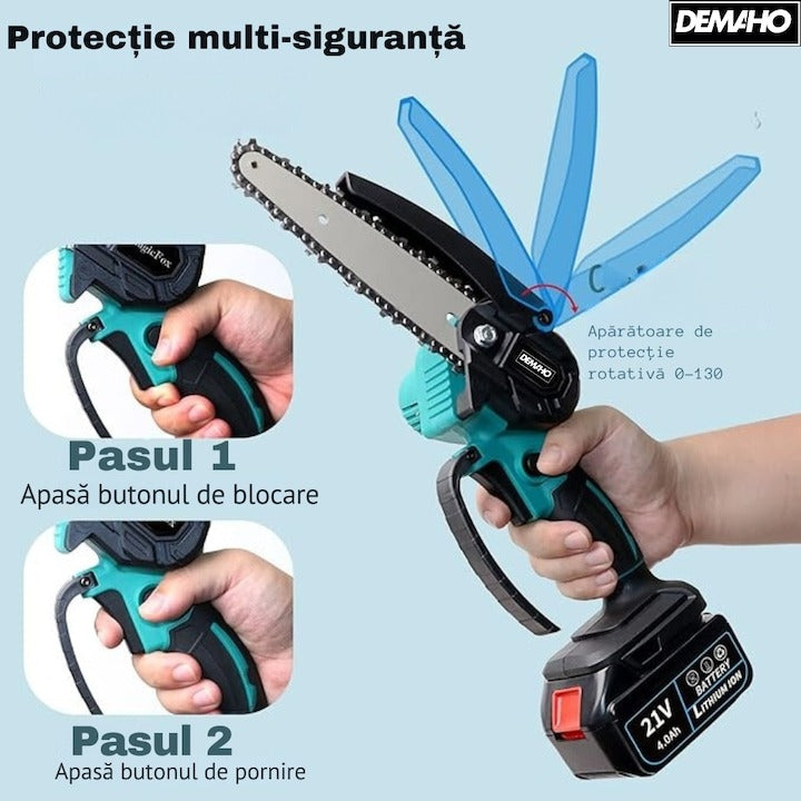 Drujbă fierăstrău portabil 48V – lamă 6”/15cm, 2 acumulatori, 2 lanțuri, cutie transport, Black Friday