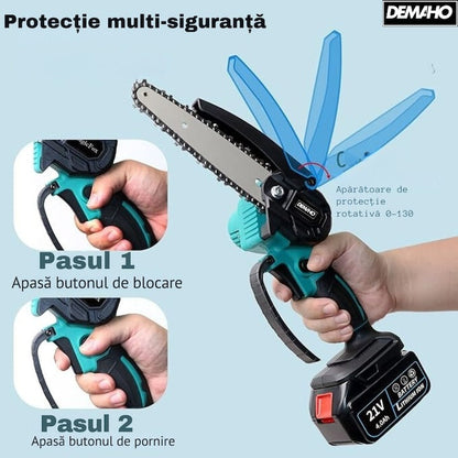 Drujbă fierăstrău portabil 48V – lamă 6”/15cm, 2 acumulatori, 2 lanțuri, cutie transport, Black Friday