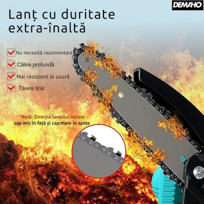 Drujbă fierăstrău portabil 48V – lamă 6”/15cm, 2 acumulatori, 2 lanțuri, cutie transport, Black Friday