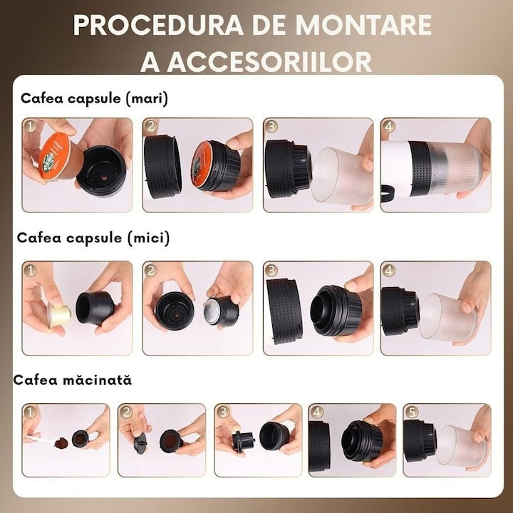 Espressor portabil 3 în 1 – 20 Bar, baterie 7500mAh, capsule Nespresso/Dolce Gusto și cafea măcinată, USB-C, Negru