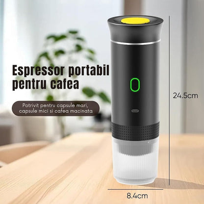 Espressor portabil 3 în 1 – 20 Bar, baterie 7500mAh, capsule Nespresso/Dolce Gusto și cafea măcinată, USB-C, Negru