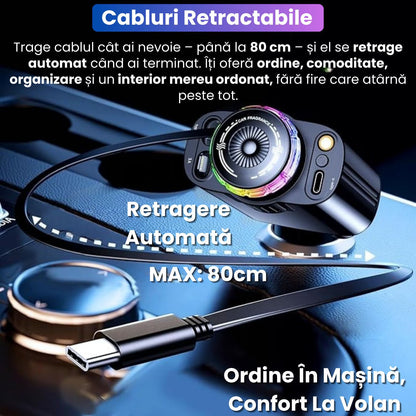 Incarcator Auto Retractabil 5 in 1, 45W PD, Type-C si Lightning, Parfum, Lumina Ambientala