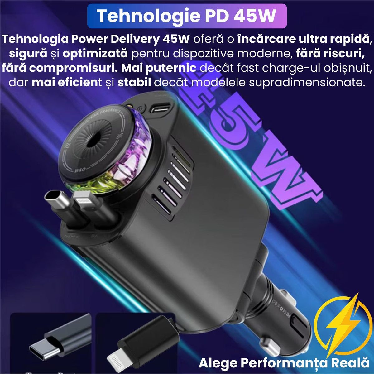 Incarcator Auto Retractabil 5 in 1, 45W PD, Type-C si Lightning, Parfum, Lumina Ambientala