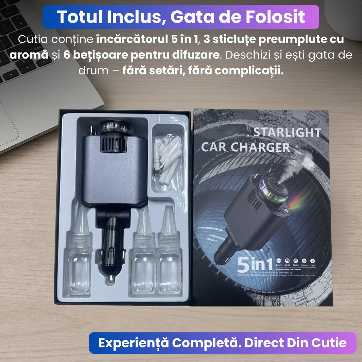 Incarcator Auto Retractabil 5 in 1, 45W PD, Type-C si Lightning, Parfum, Lumina Ambientala