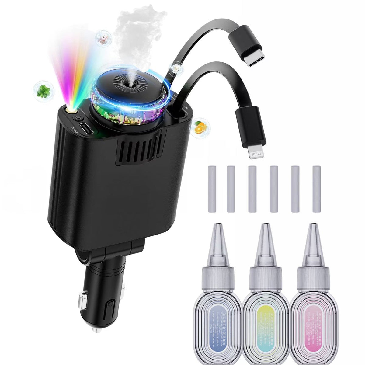 Incarcator Auto Retractabil 5 in 1, 45W PD, Type-C si Lightning, Parfum, Lumina Ambientala