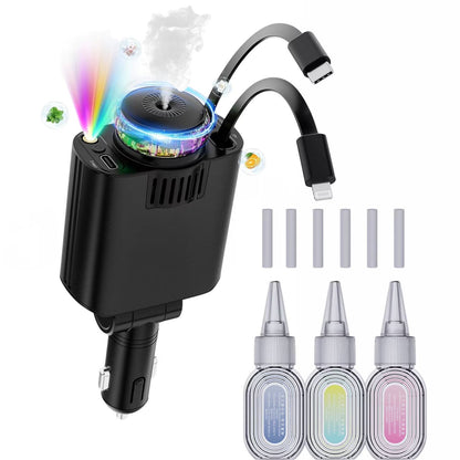 Incarcator Auto Retractabil 5 in 1, 45W PD, Type-C si Lightning, Parfum, Lumina Ambientala