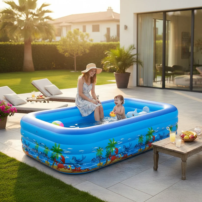 Piscina Gonflabila Familiala DEMAHO 210x135x54 Cm Cu 3 Inele PVC Rezistent