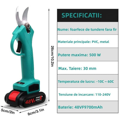 Foarfecă electrică grădină 48V – 2 baterii, 2 lame oțel carbon, vie și crengi