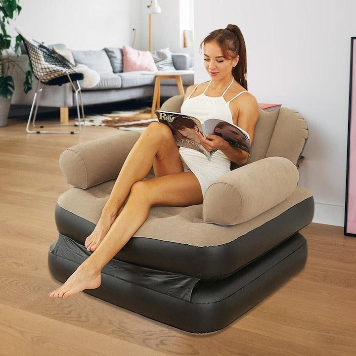 Fotoliu gonflabil pliabil 2 în 1 – multifuncțional dormitor/living, maro-negru, cu pompă