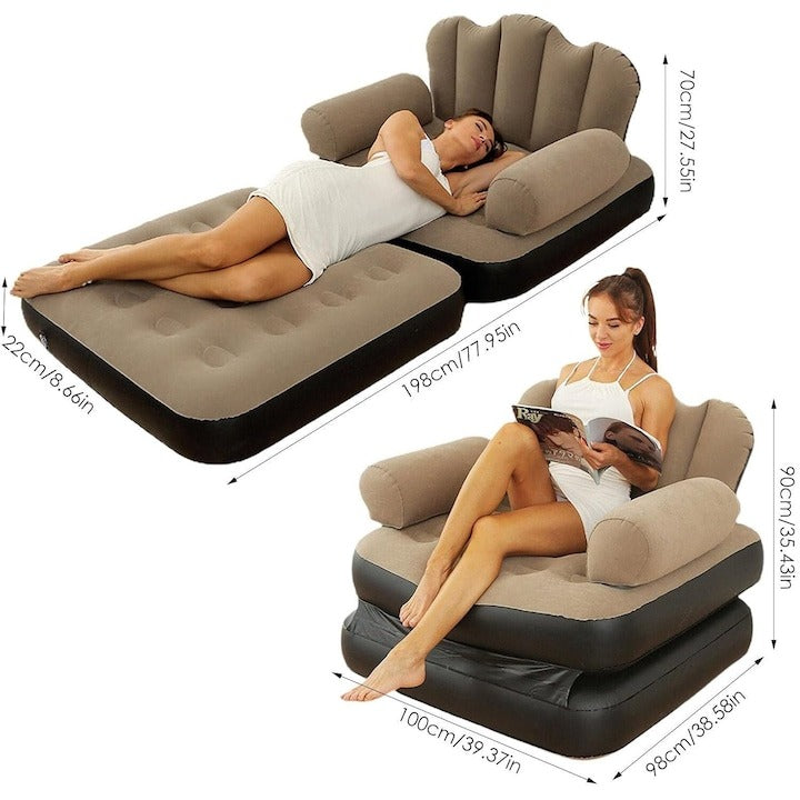 Fotoliu gonflabil pliabil 2 în 1 – multifuncțional dormitor/living, maro-negru, cu pompă