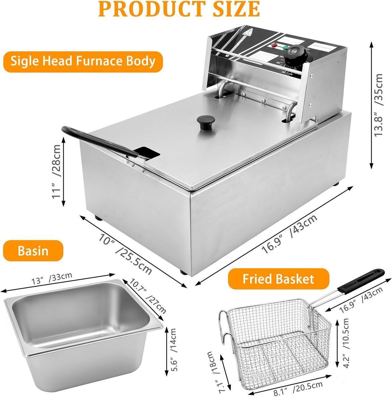 Friteuză electrică inox 6L – termostat reglabil, uz casnic și comercial