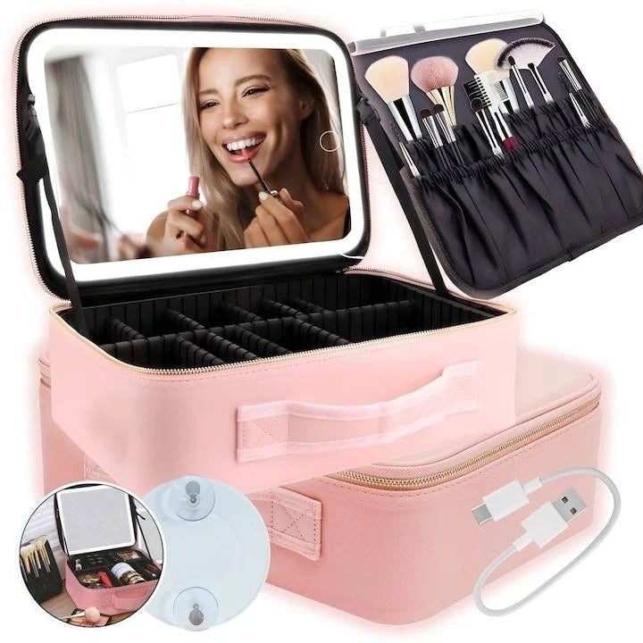 Geantă machiaj cu oglindă LED detașabilă – compartimente reglabile, fermoar dublu