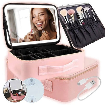 Geantă machiaj cu oglindă LED detașabilă – compartimente reglabile, fermoar dublu