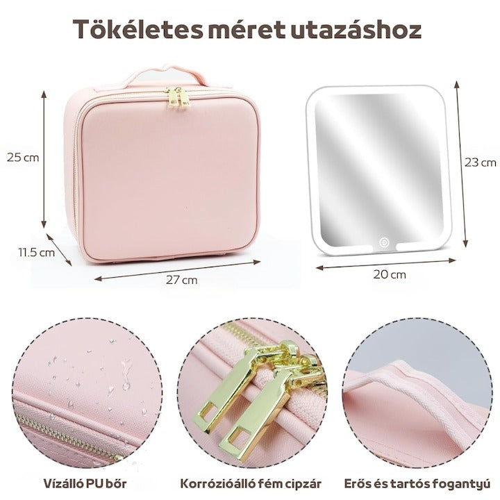 Geantă machiaj cu oglindă LED detașabilă – compartimente reglabile, fermoar dublu