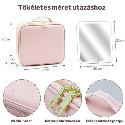 Geantă machiaj cu oglindă LED detașabilă – compartimente reglabile, fermoar dublu