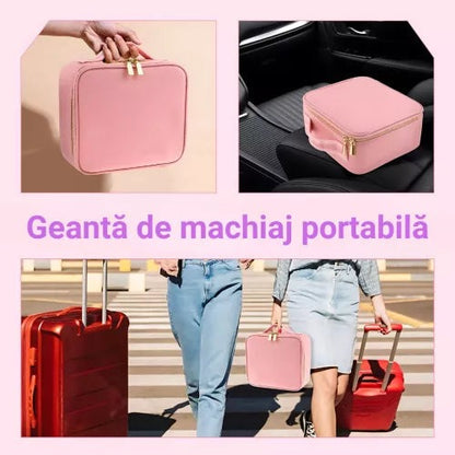 Geantă machiaj cu oglindă LED detașabilă – compartimente reglabile, fermoar dublu
