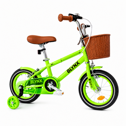 Bicicleta copii 12 14 16 inch cu roti ajutatoare cosulet frana reglabila verde neon