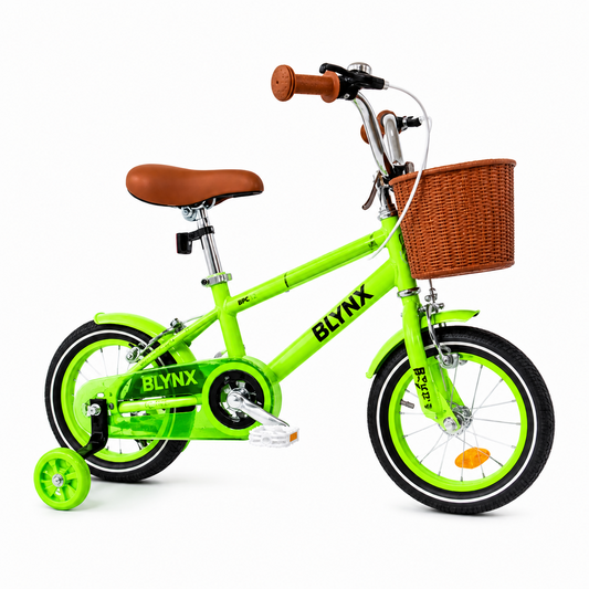 Bicicleta copii 12 14 16 inch cu roti ajutatoare cosulet frana reglabila verde neon