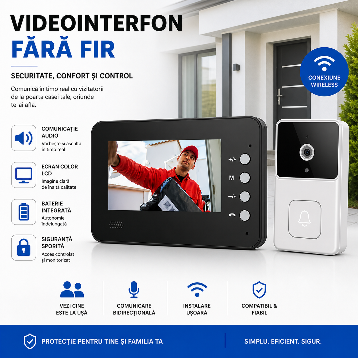 Videointerfon wireless 4.3 inch LCD cu camera inregistrare microSD fara fir