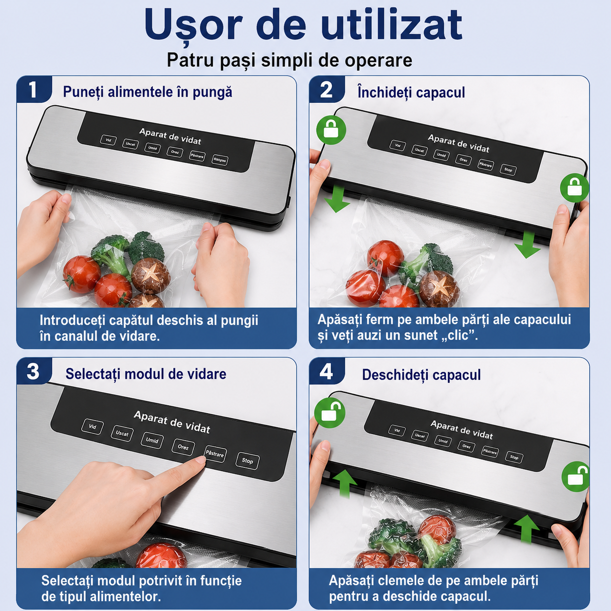 Aparat de vidat alimente 120W 65kPa compact cu 10 pungi vidare