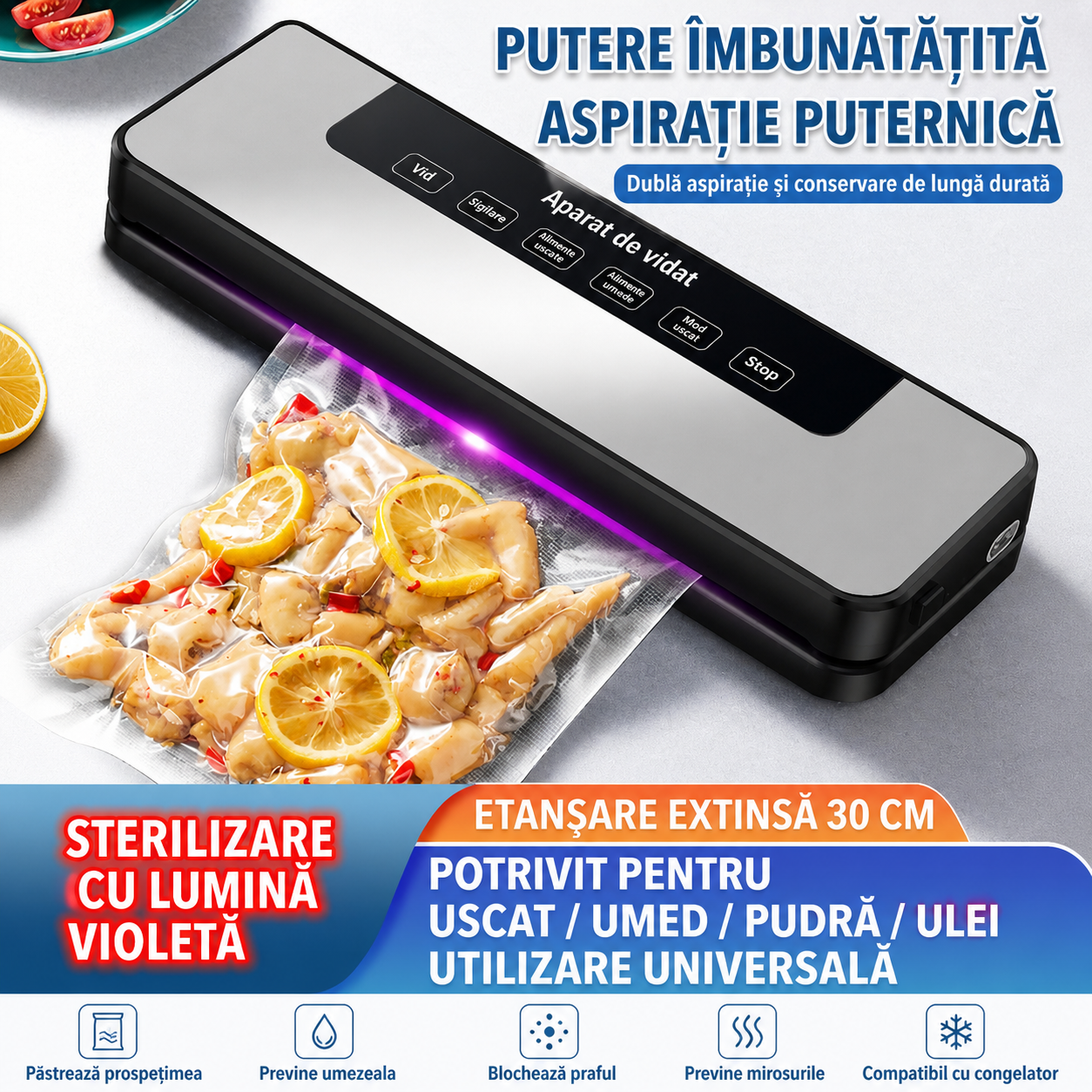 Aparat de vidat alimente 120W 65kPa compact cu 10 pungi vidare