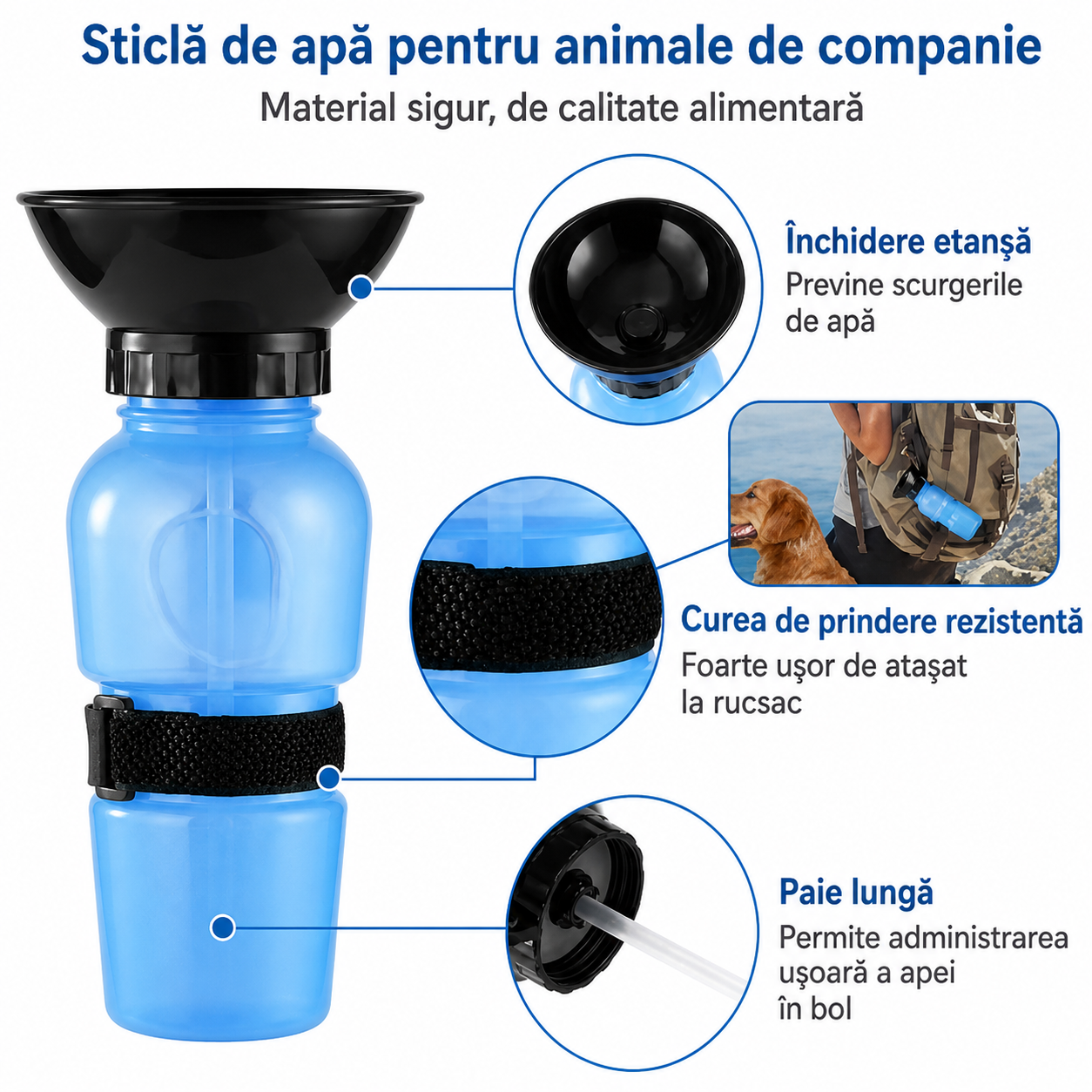Sticla portabila caini 2 in 1 cu vas apa 500 ml anti scurgere