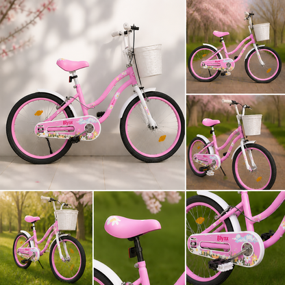 Bicicleta Retro copii 12 16 20 inch cu roti ajutatoare cosulet frana reglabila roz