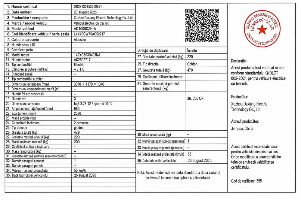 Triciclu Electric Cargo AOKE 2025, 3 Roti, Bena Mare, 55km/h, Transport Marfa
