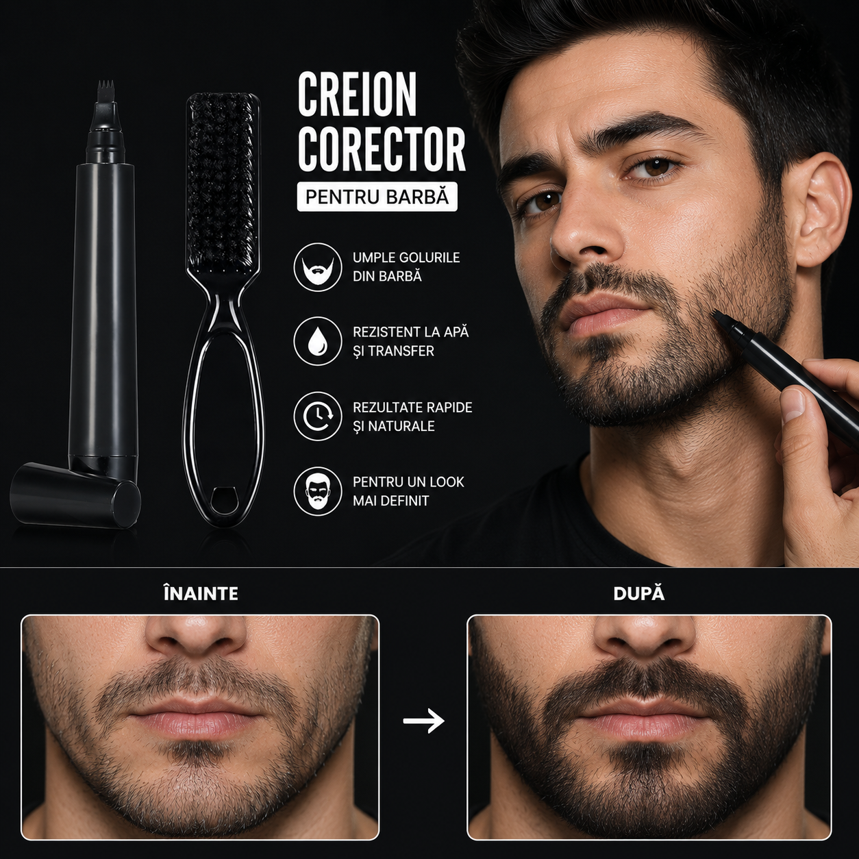 Oferta 1+1 GRATIS – Marker Pentru Barba si Sprancene, Umple Golurile Instant si Ofera Contur Perfect