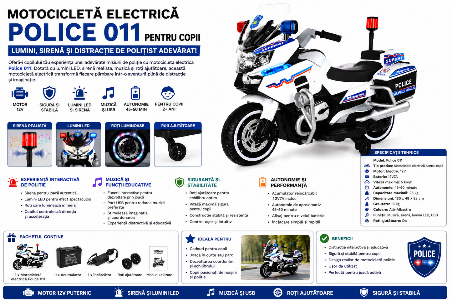 Motocicleta Electrica Pentru Copii Police 12V Cu Roti Ajutatoare Muzica Si Lumini LED Pornire Cu Cheie