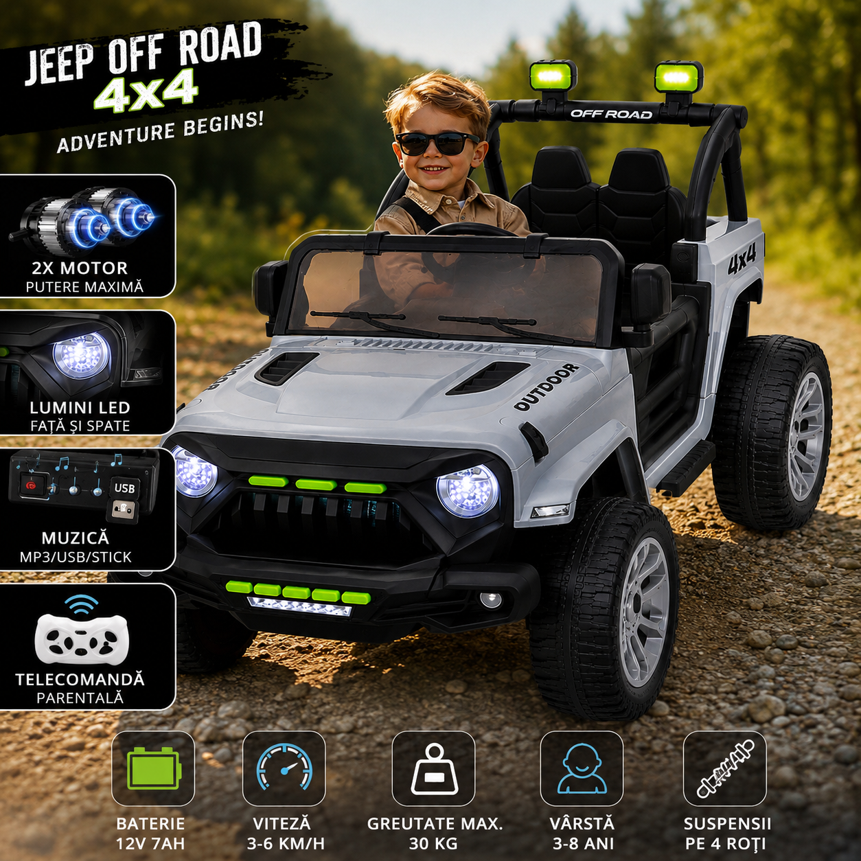 Masinuta Electrica Jeep Off Road 4x4 Pentru Copii Cu Telecomanda Parentala Lumini LED Si Muzica