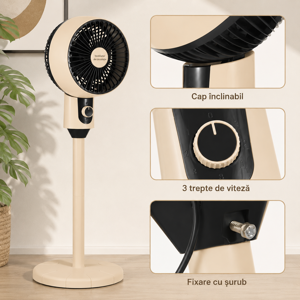 Ventilator Cu Piedestal Oscilant 45W Cu 3 Viteze Si Rotire 90 Grade Silentios