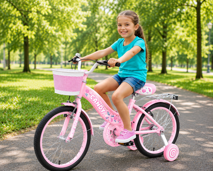 Bicicleta Candy 20 Inch Roz Pentru Fetite – Cosulet  si Roti Ajutatoare Pentru Plimbari CADOU Casca de protectieDe Poveste