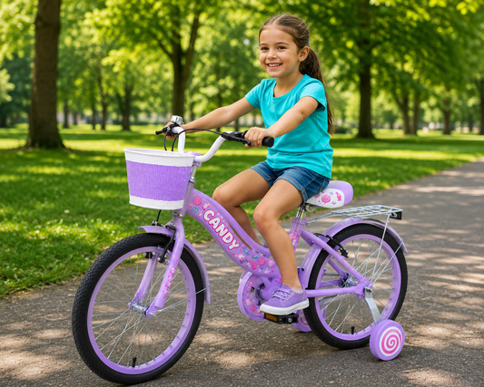 Bicicleta Candy 20 Inch Pentru Copii – Cosulet, Sonerie si Roti Ajutatoare Pentru Aventuri Pline De Distractie CADOU Casca de protectie