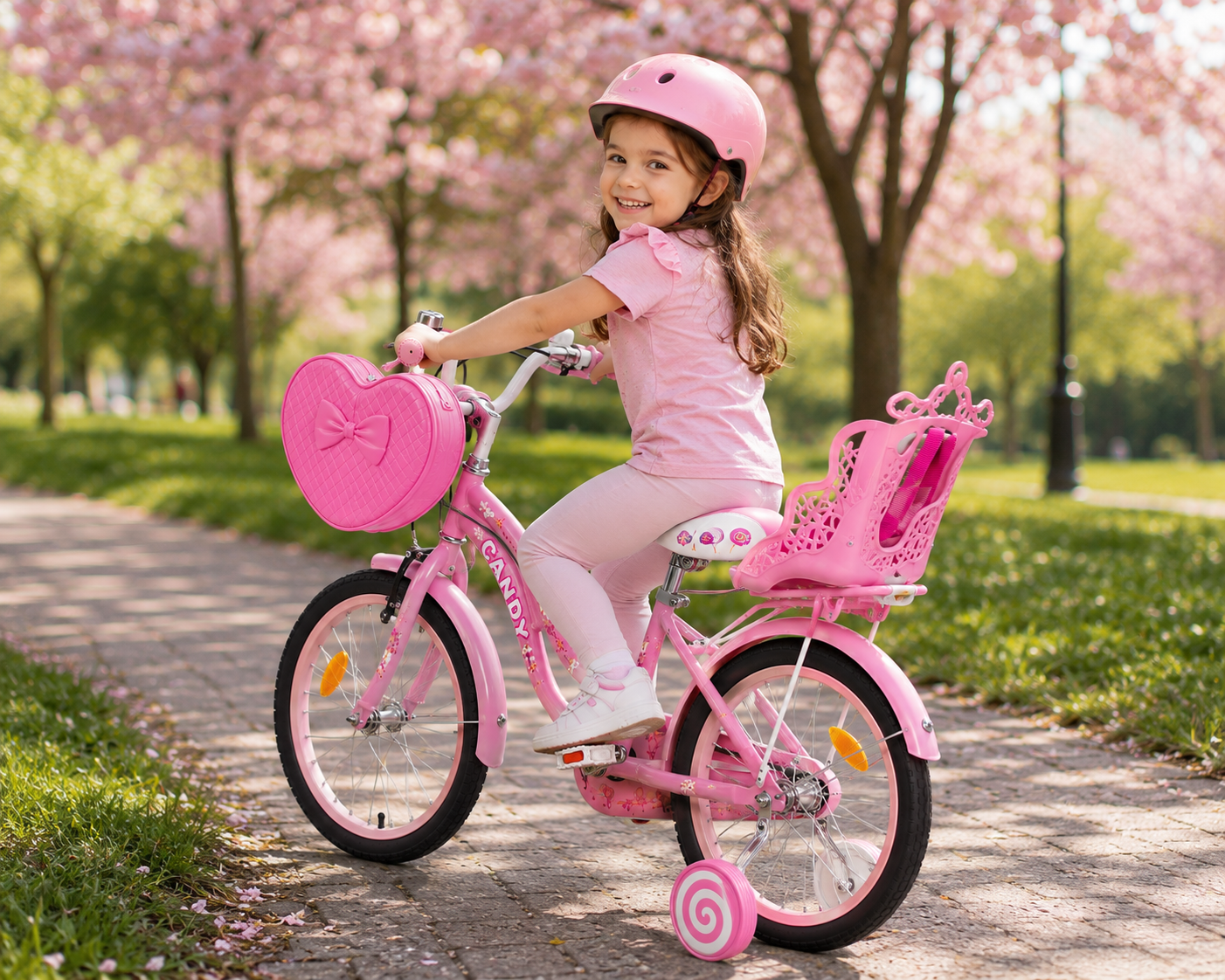 Bicicleta Copii Candy 16 20 Inch Roz Cu Geanta Inimioara Scaun Papusi Si Roti Ajutatoare CADOU Casca de protectie