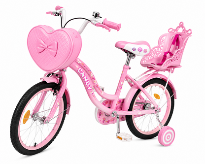 Bicicleta Copii Candy 16 20 Inch Roz Cu Geanta Inimioara Scaun Papusi Si Roti Ajutatoare CADOU Casca de protectie