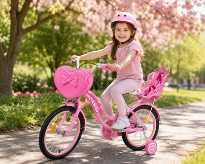 Bicicleta Copii Candy 16 20 Inch Roz Cu Geanta Inimioara Scaun Papusi Si Roti Ajutatoare CADOU Casca de protectie
