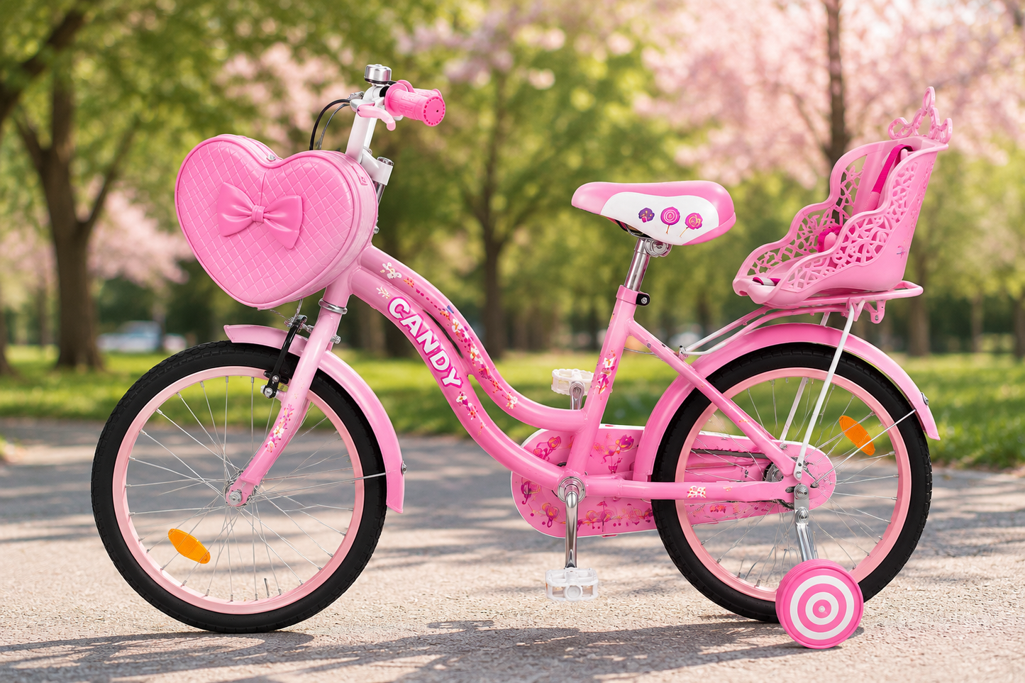 Bicicleta Copii Candy 16 20 Inch Roz Cu Geanta Inimioara Scaun Papusi Si Roti Ajutatoare CADOU Casca de protectie