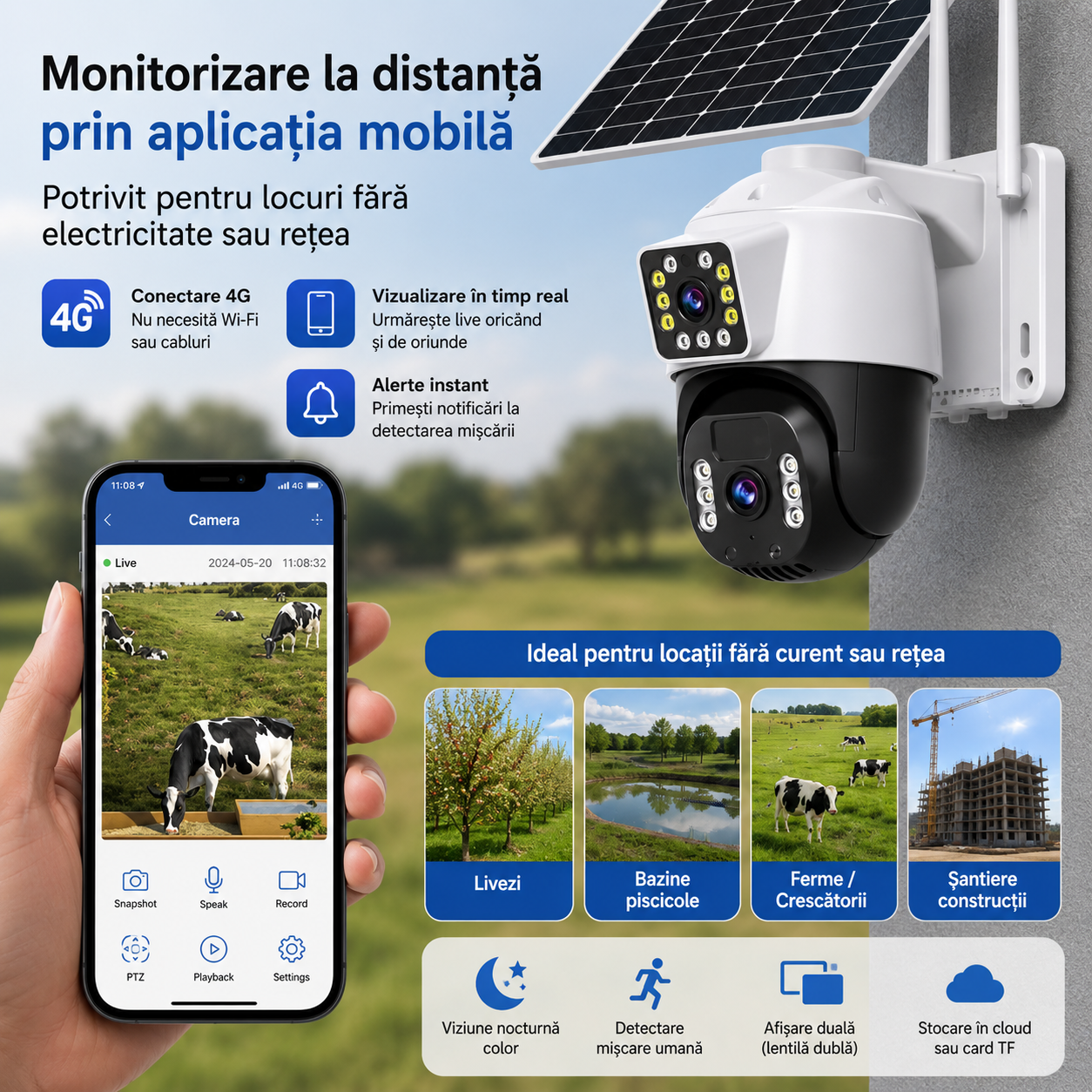 Camera Solara Dual Lens 4K – Varianta 4G Sau WiFi, Card 32GB Inclus si Control Inteligent Din Telefon
