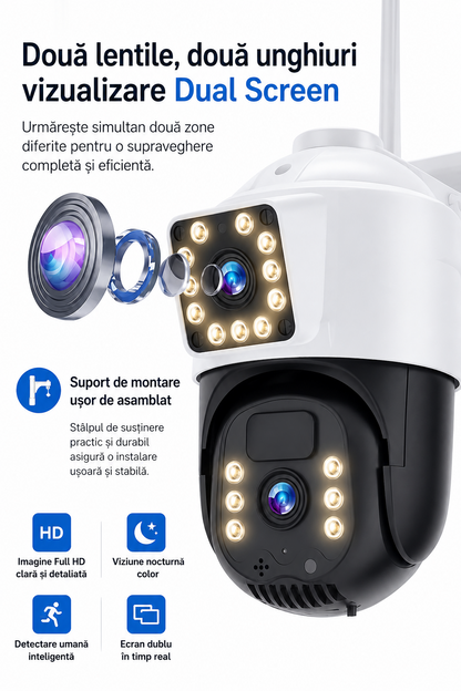 Camera Solara Dual Lens 4K – Varianta 4G Sau WiFi, Card 32GB Inclus si Control Inteligent Din Telefon