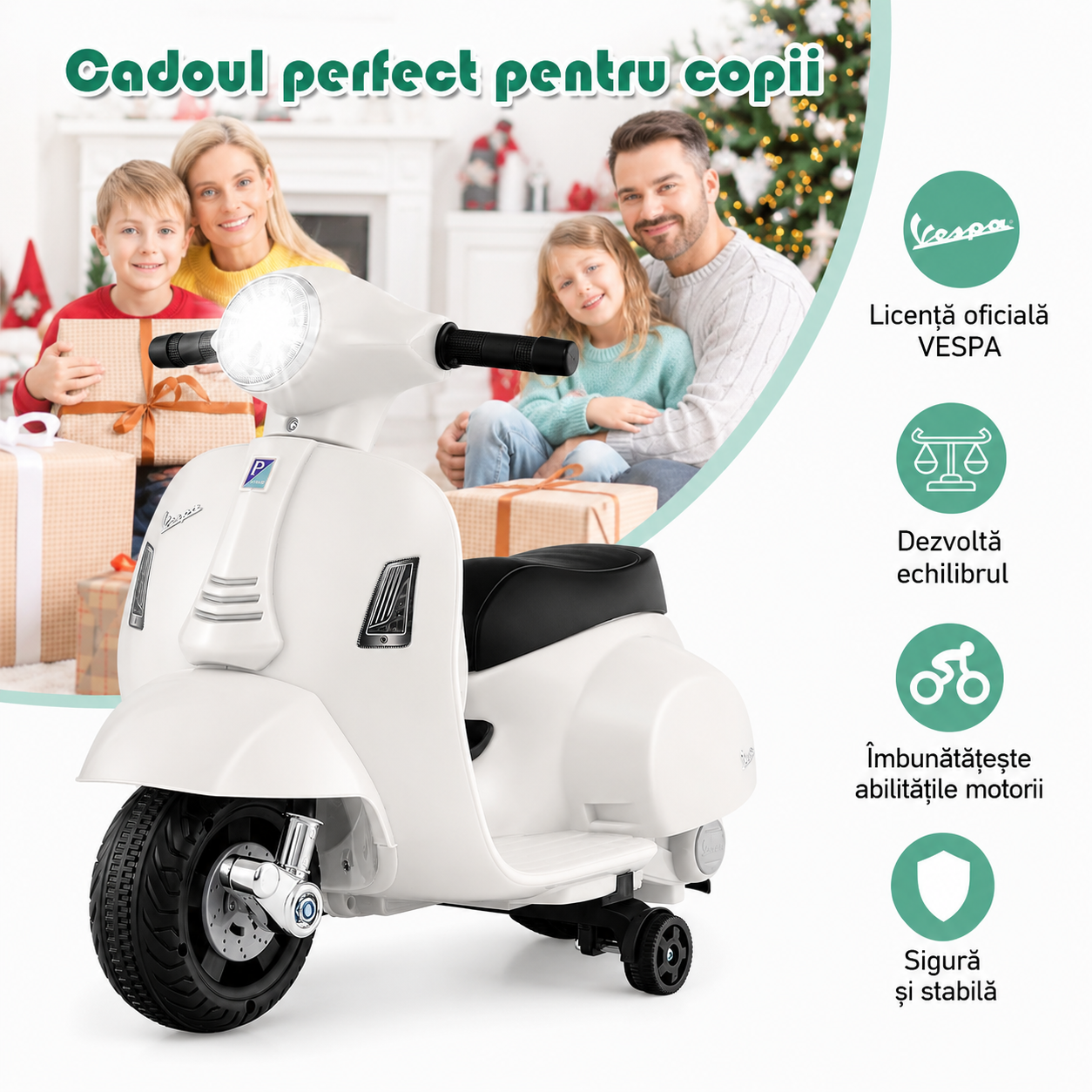 Scuter Electric Copii Tip Vespa 6V Cu Lumini Muzica Si Roti Ajutatoare Alb