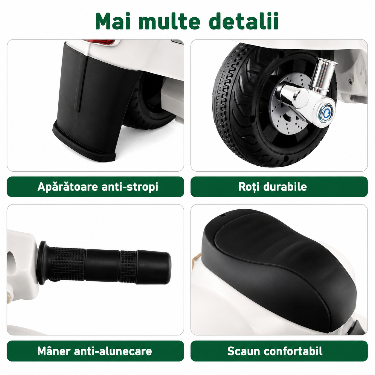 Scuter Electric Copii Tip Vespa 6V Cu Lumini Muzica Si Roti Ajutatoare Alb