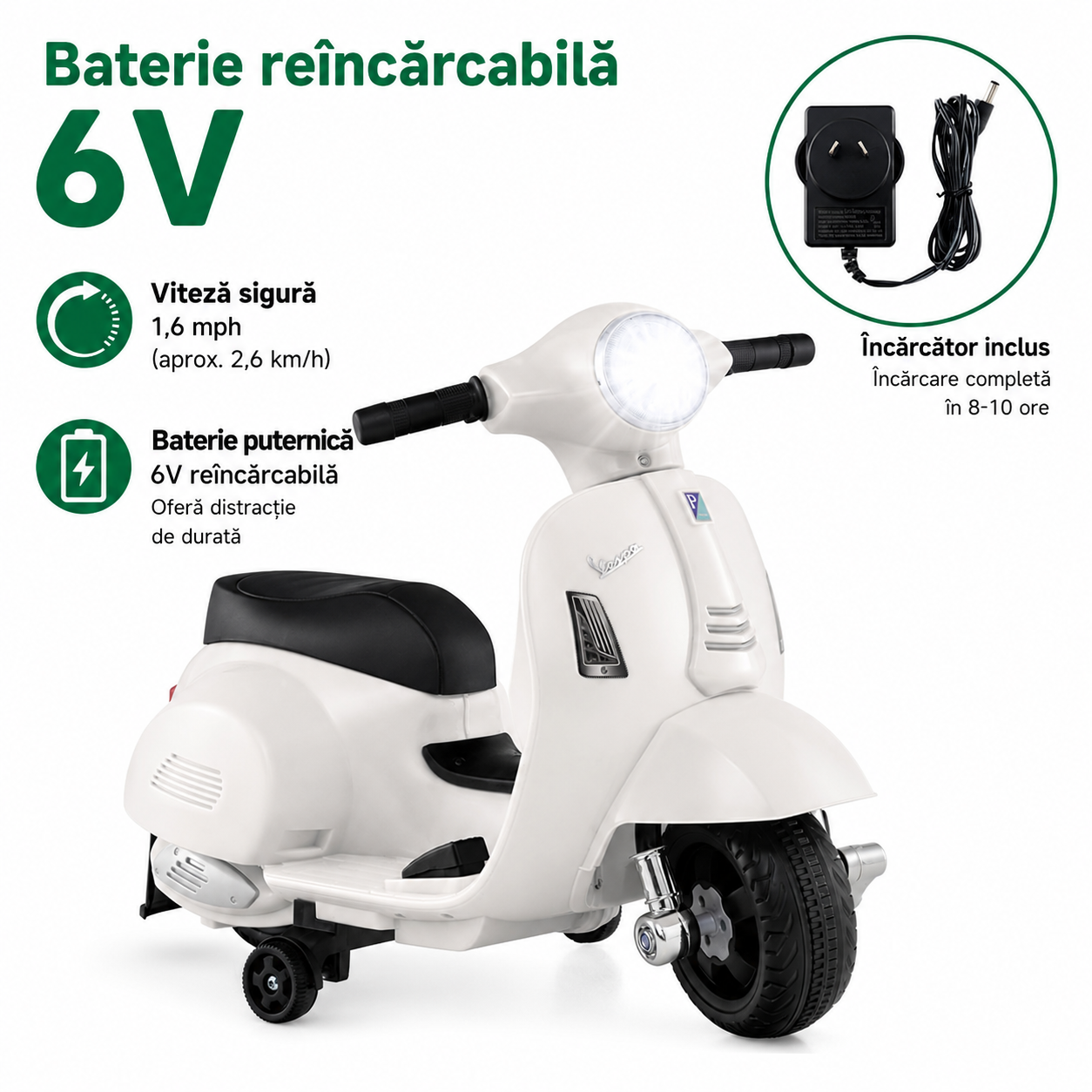 Scuter Electric Copii Tip Vespa 6V Cu Lumini Muzica Si Roti Ajutatoare Alb