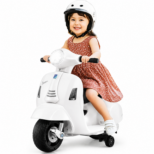 Scuter Electric Copii Tip Vespa 6V Cu Lumini Muzica Si Roti Ajutatoare Alb