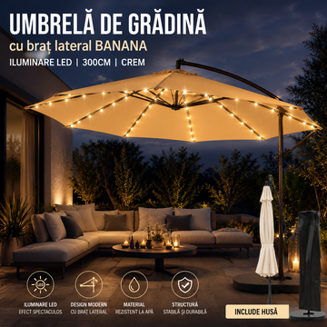 Umbrela Gradina Banana cu LED Solar, Brat Lateral, Husa Inclusa, 300 cm, Crem