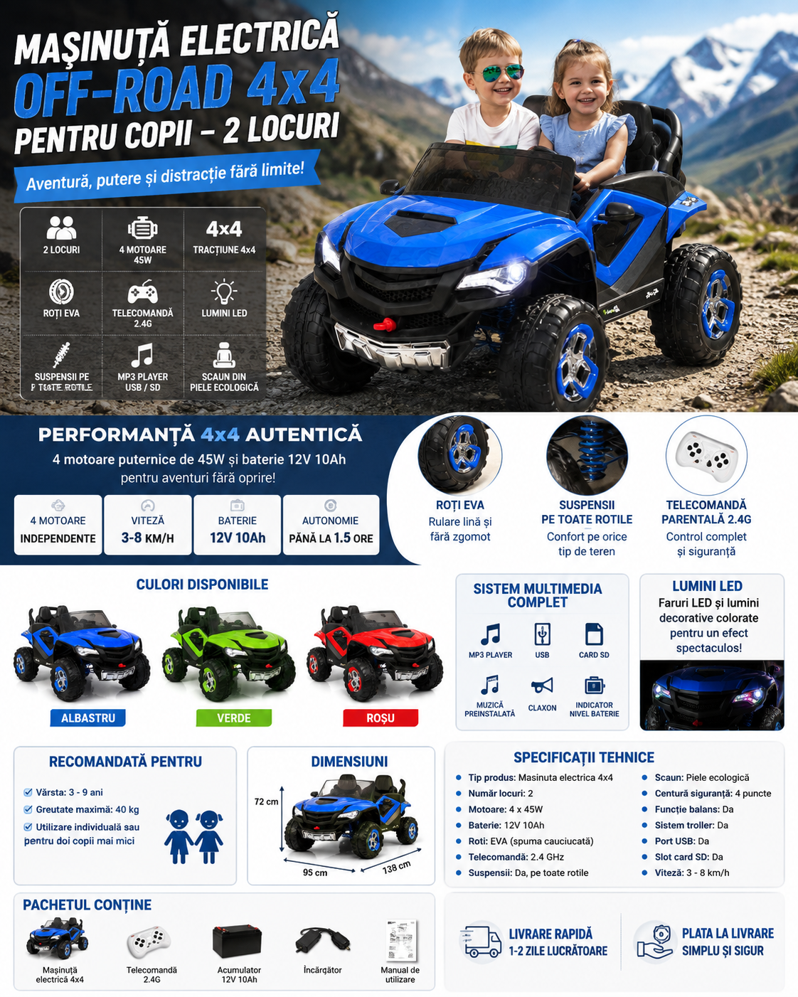 Masinuta Electrica Off-Road 4x4 Pentru Copii – 2 Locuri, 4 Motoare 45W, Roti EVA, Telecomanda si Lumini LED